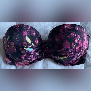Victorias Secret Strapless Floral Bandeau Bra - Black & Magenta 32DD